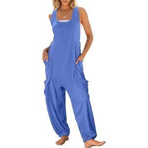 Women Blue Overall Jumpsuit Loose Casual Dressy Sleeveless Baggy Harem Romper